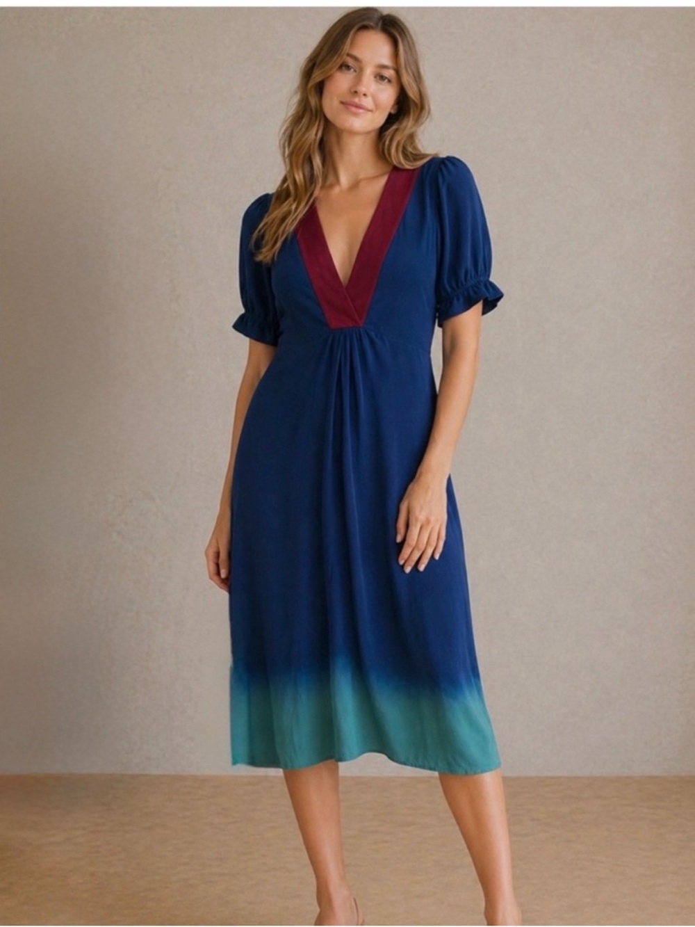 Gibson Ombré Silk Midi Dress Deep V Neck Short Puff Ruffle Sleeve Teal Green M